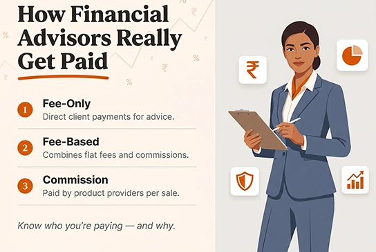 Female advisor with clipboard showing fee-only, fee-based, and commission payment options