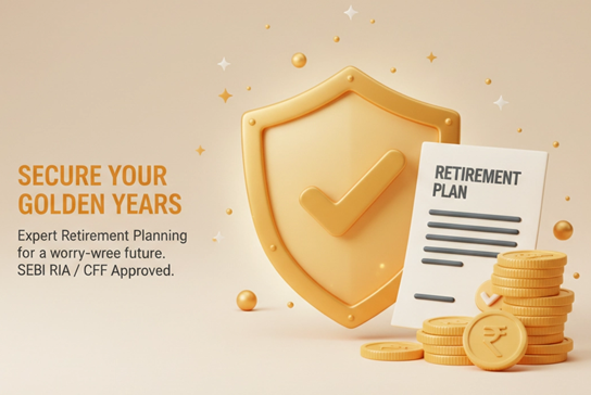 Post-retirement income plan with a security shield and rupee coins for lasting financial stability