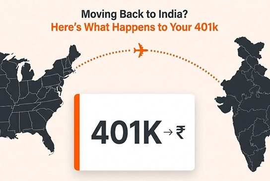 401k retirement options for people moving from the US to India, shown with maps and a rupee symbol
