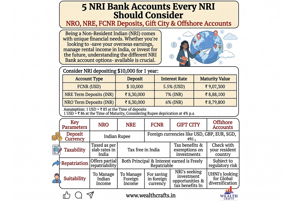 Table comparing NRI account deposit currency, taxability, repatriation and suitability by type