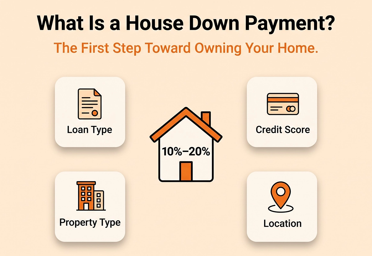 House down payment of 10-20% depends on loan type, credit score, property type and location