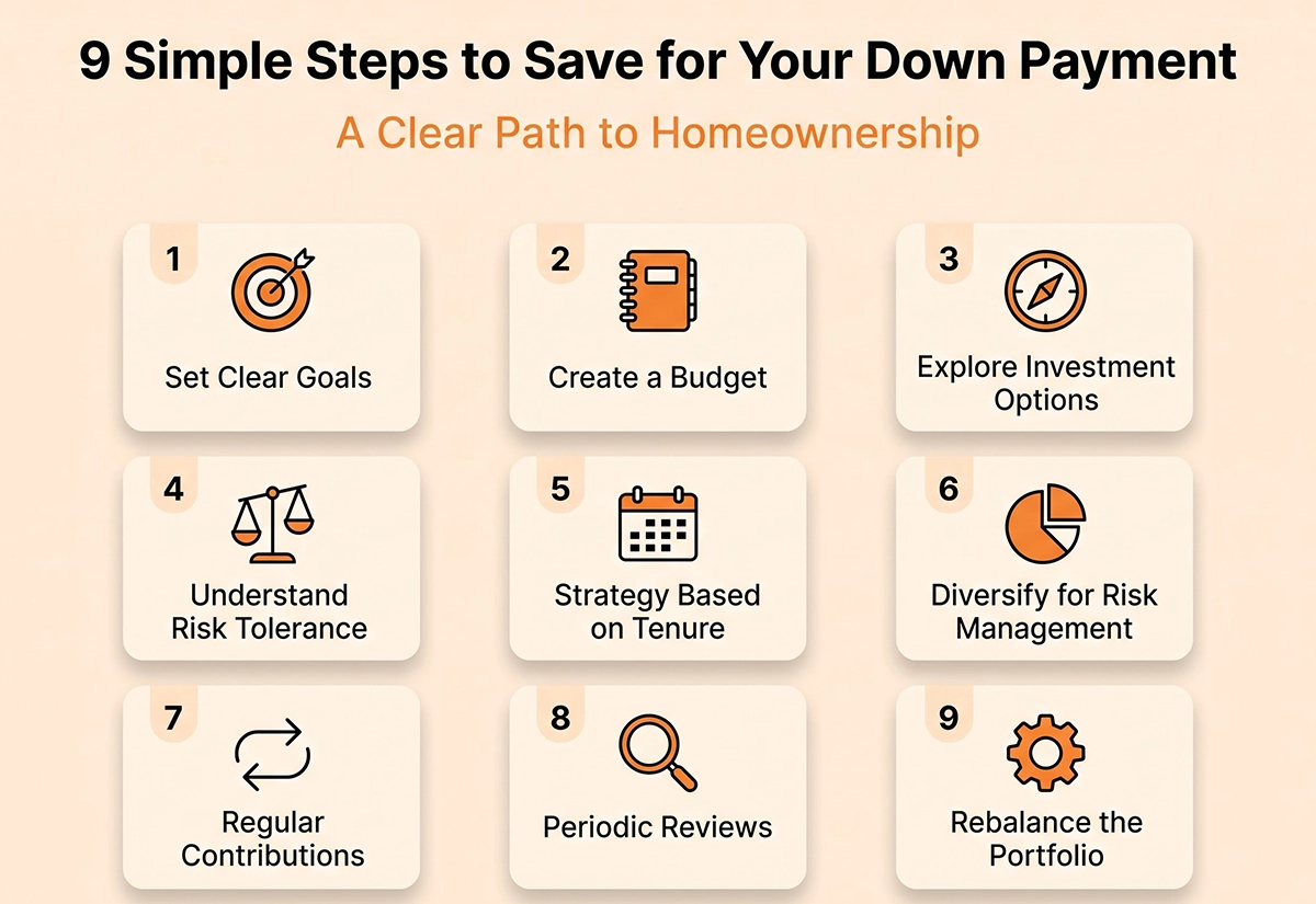 Steps to save for a down payment include setting goals, budgeting, investing and diversifying
