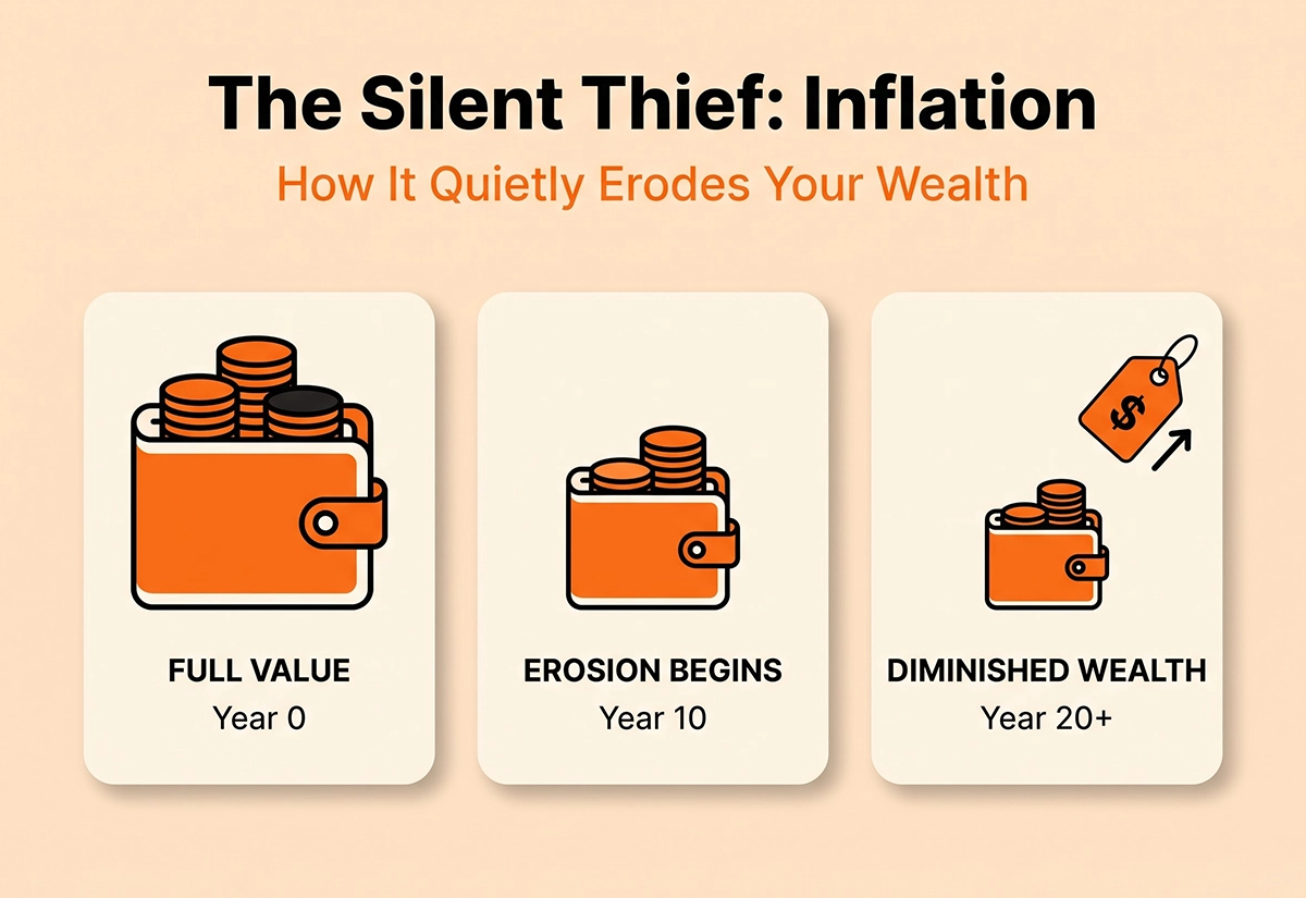 Wallet value shrinks from year 0 to year 20 as inflation slowly erodes purchasing power